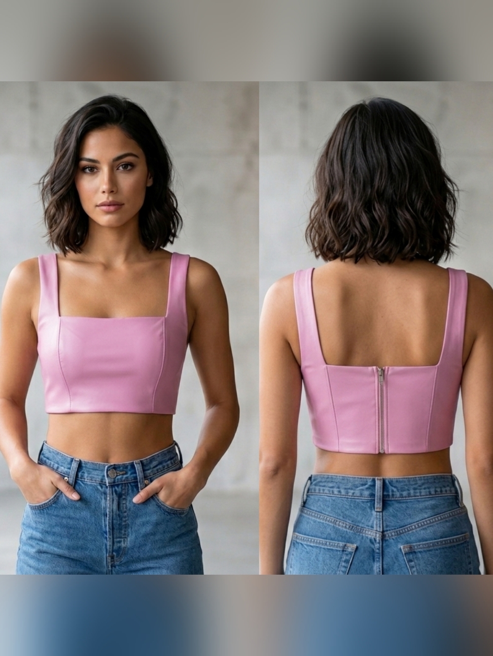 NWT Edikted Midnight Pink Faux Leather Crop Top Square Neck Zip Back Size M